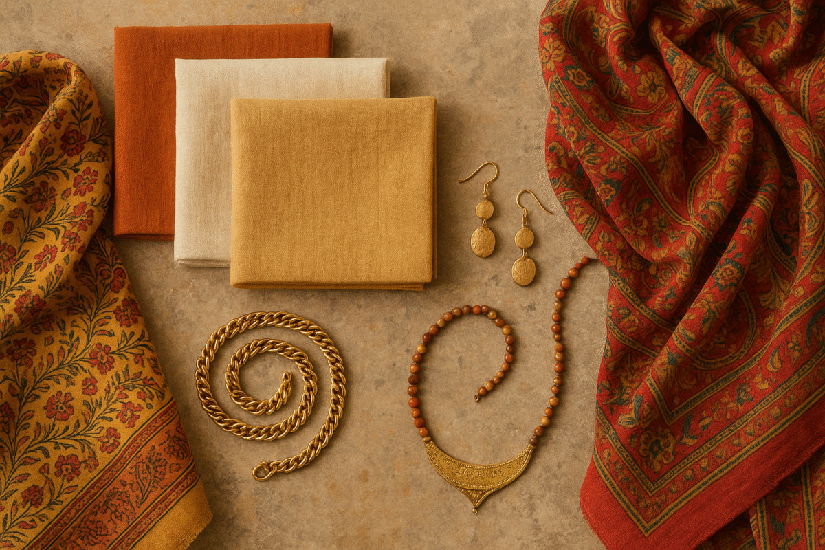 Flatlay of cotton and linen fabrics with printed scarves and jewelry on a rustic surface
