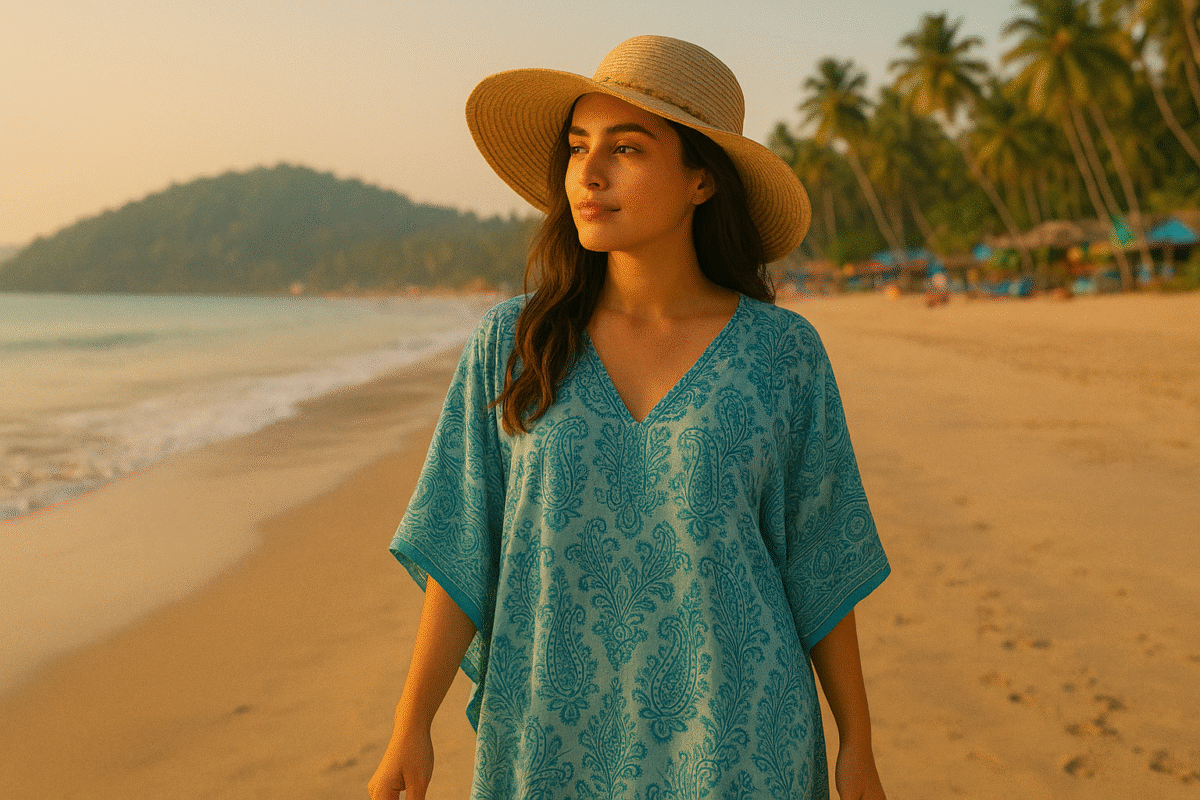 Indian Young women Relaxed beachwear outfit with hat and kaftan at Palolem Beach in Goa