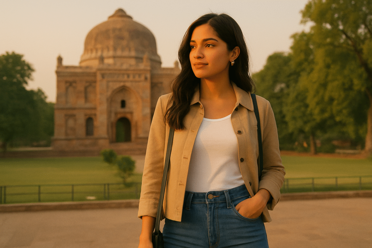 Indian young women Urban traveler in casual chic outfit near historic site in Delhi