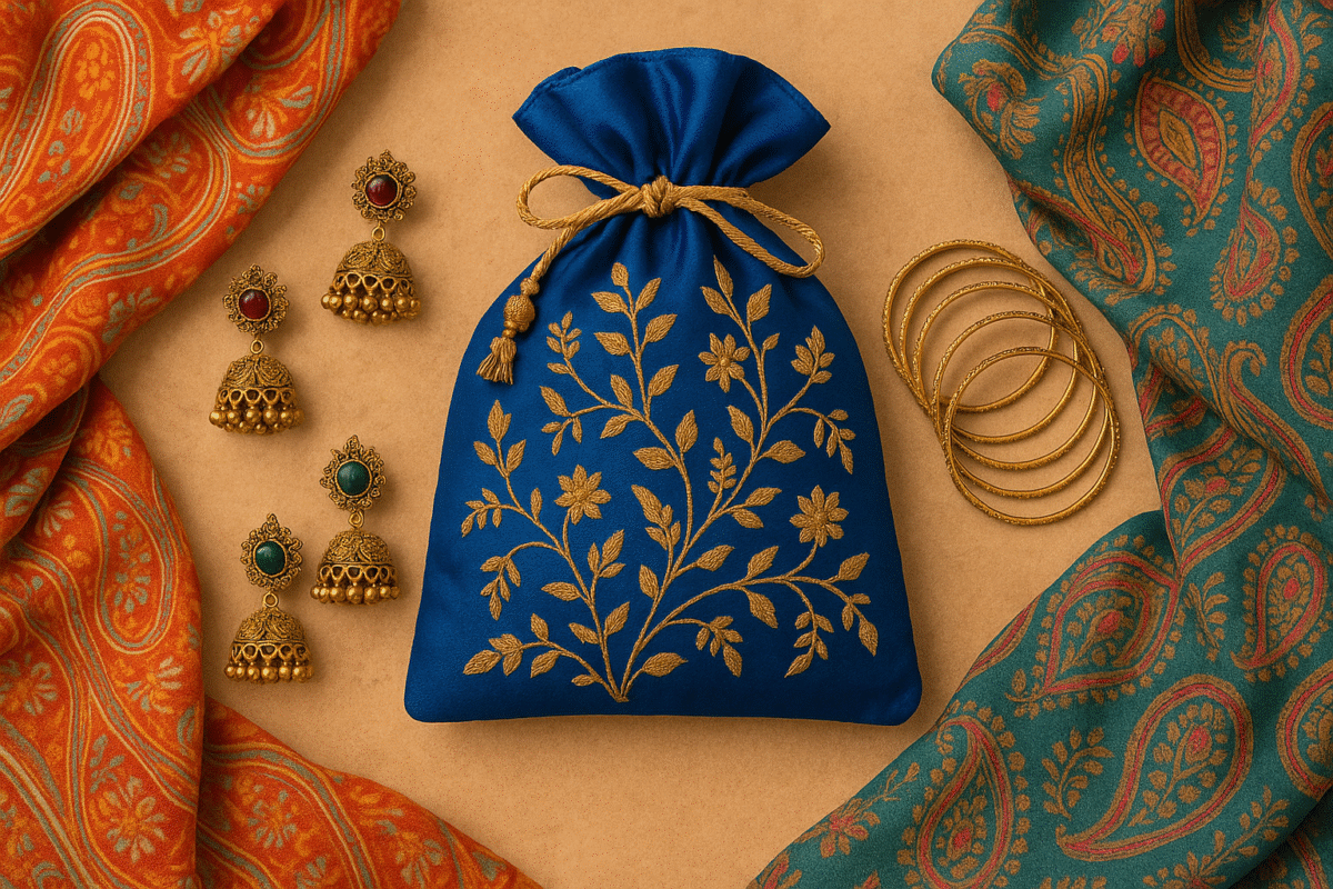 Flatlay of Indian accessories including jhumkas, scarves, potli bag, and bangles