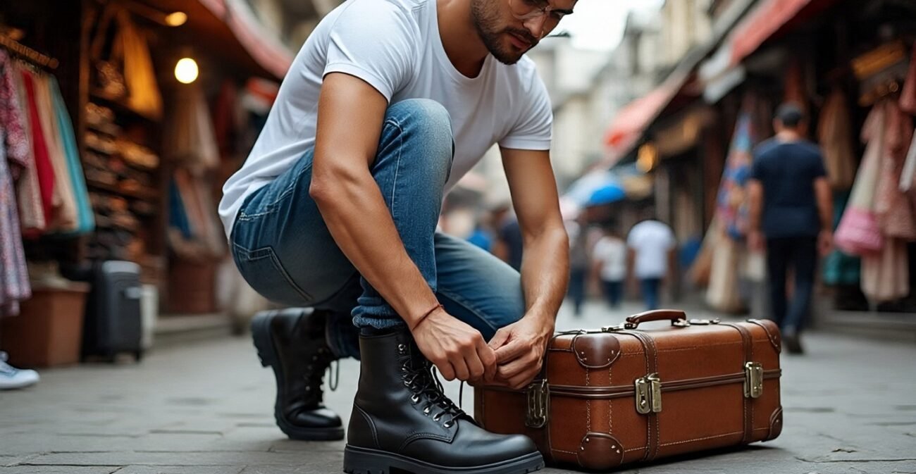Biker Boots Are Back: 7 Powerful Reasons Why You’ll Love Them in 2025 9 Person tying biker boots next to a suitcase
