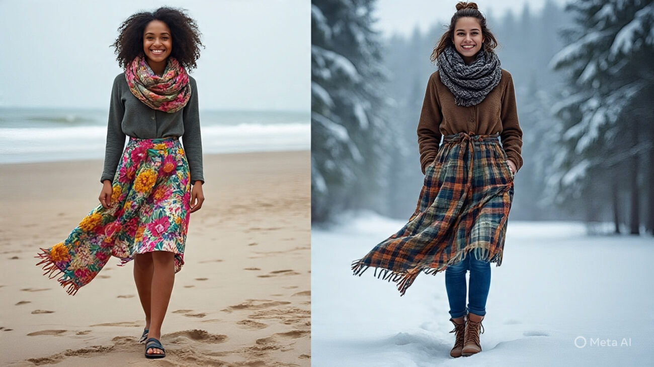 split image showing scarf skirts styled in 1