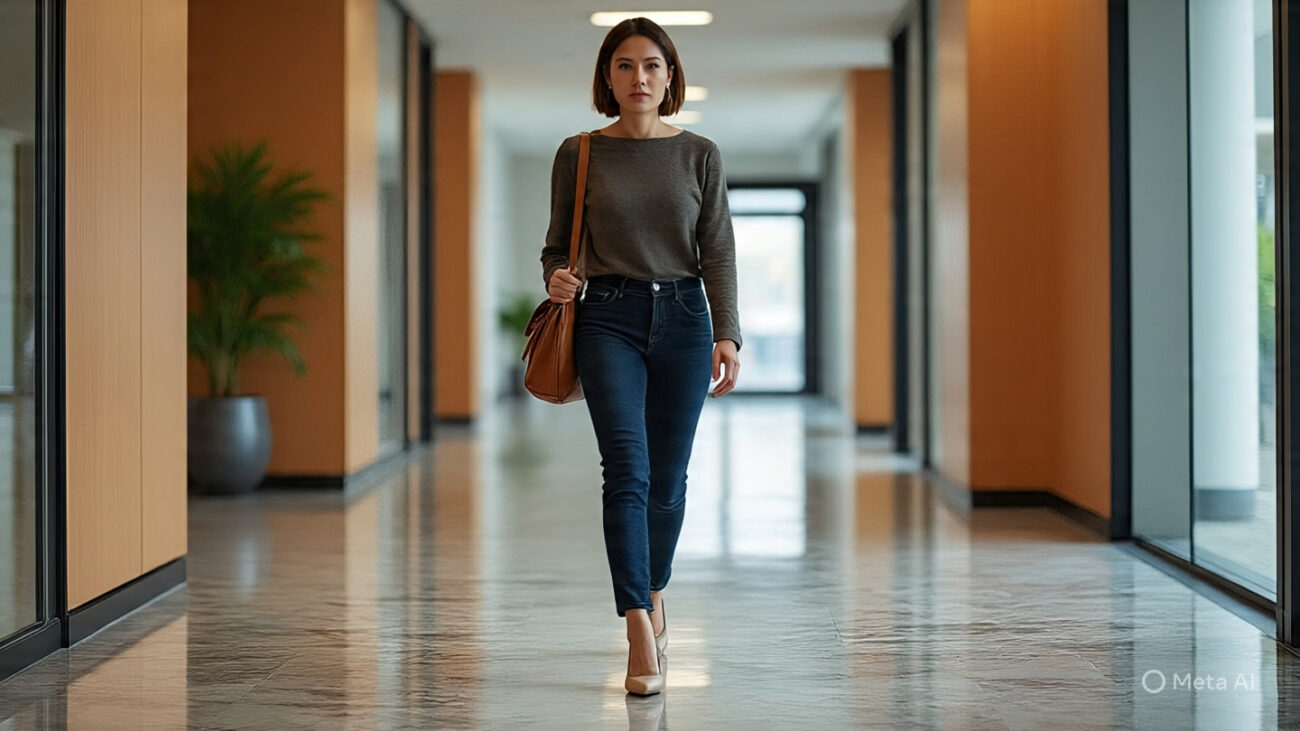 6 Stunning Shoes to Wear with Bootcut Jeans to the Office for a Chic Work Look 4 a woman walking in an office hallway 1