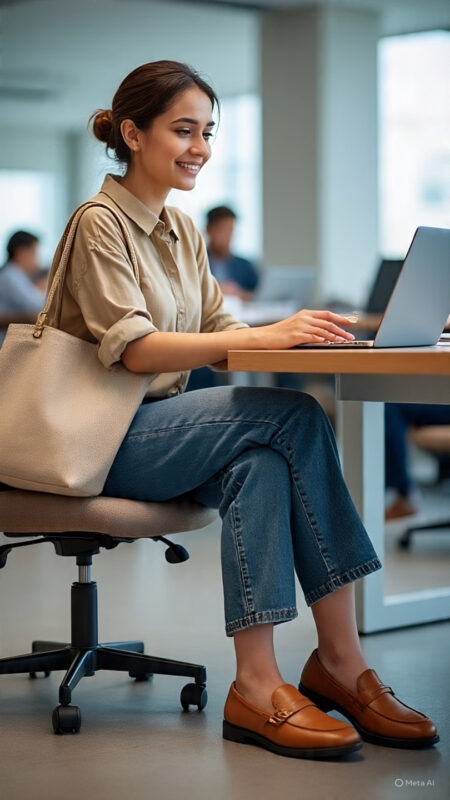 6 Stunning Shoes to Wear with Bootcut Jeans to the Office for a Chic Work Look 5 a young indian women wearing tan leather