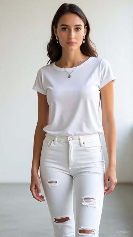 White T-Shirts for Women: 12 Killer Ways to Style Jeans and a T-Shirt in 2025 8 clean aesthetic photo of white ripped jeans