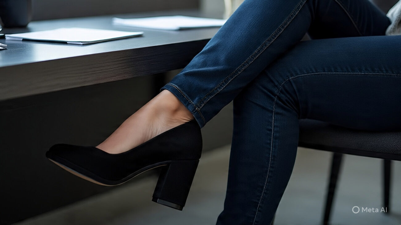 6 Stunning Shoes to Wear with Bootcut Jeans to the Office for a Chic Work Look 3 close up of black suede block heels wearing
