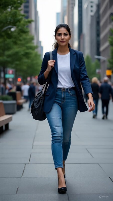 White T-Shirts for Women: 12 Killer Ways to Style Jeans and a T-Shirt in 2025 9 indian woman walking with laptop bag jeans