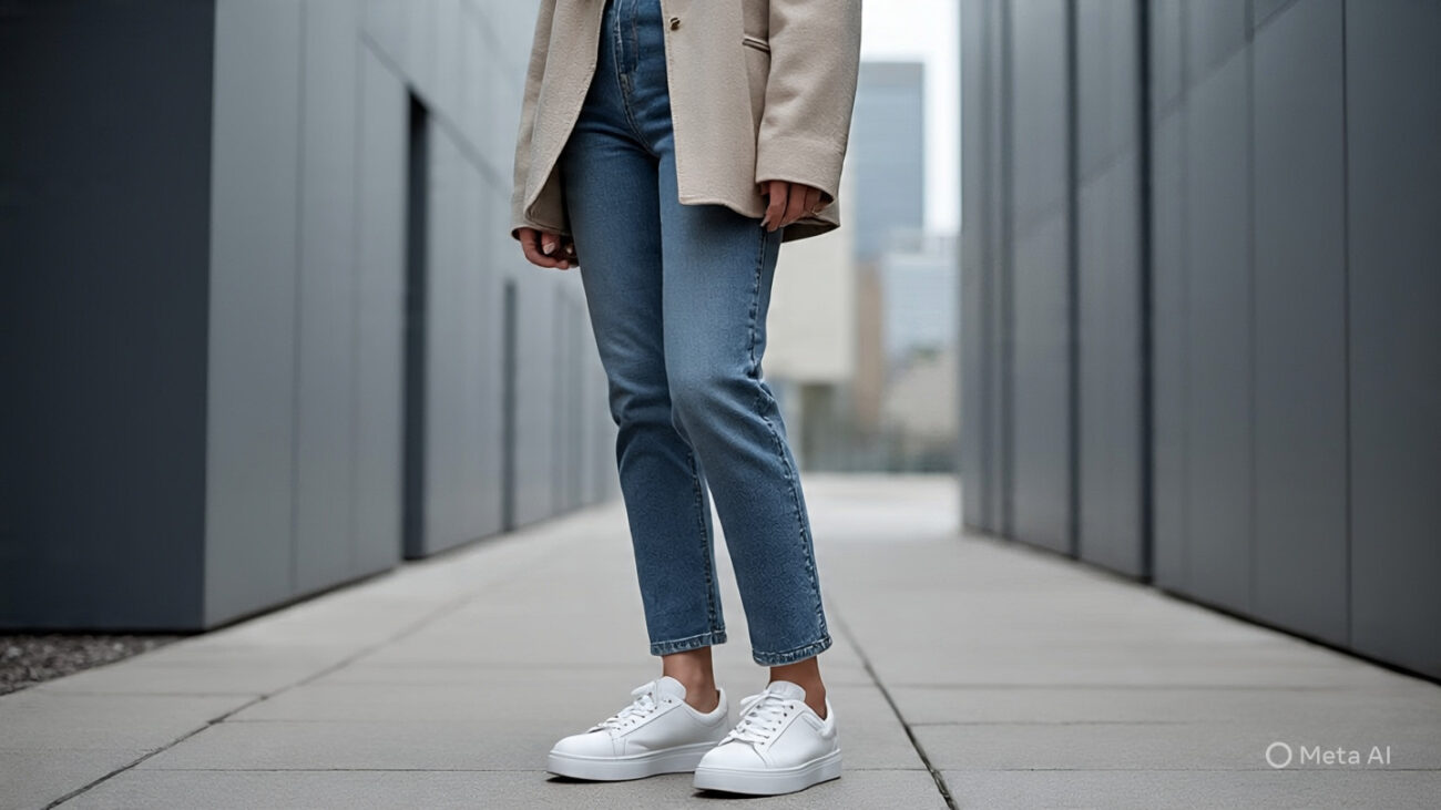 6 Stunning Shoes to Wear with Bootcut Jeans to the Office for a Chic Work Look 8 white minimalist sneakers with cropped bootcut jeans