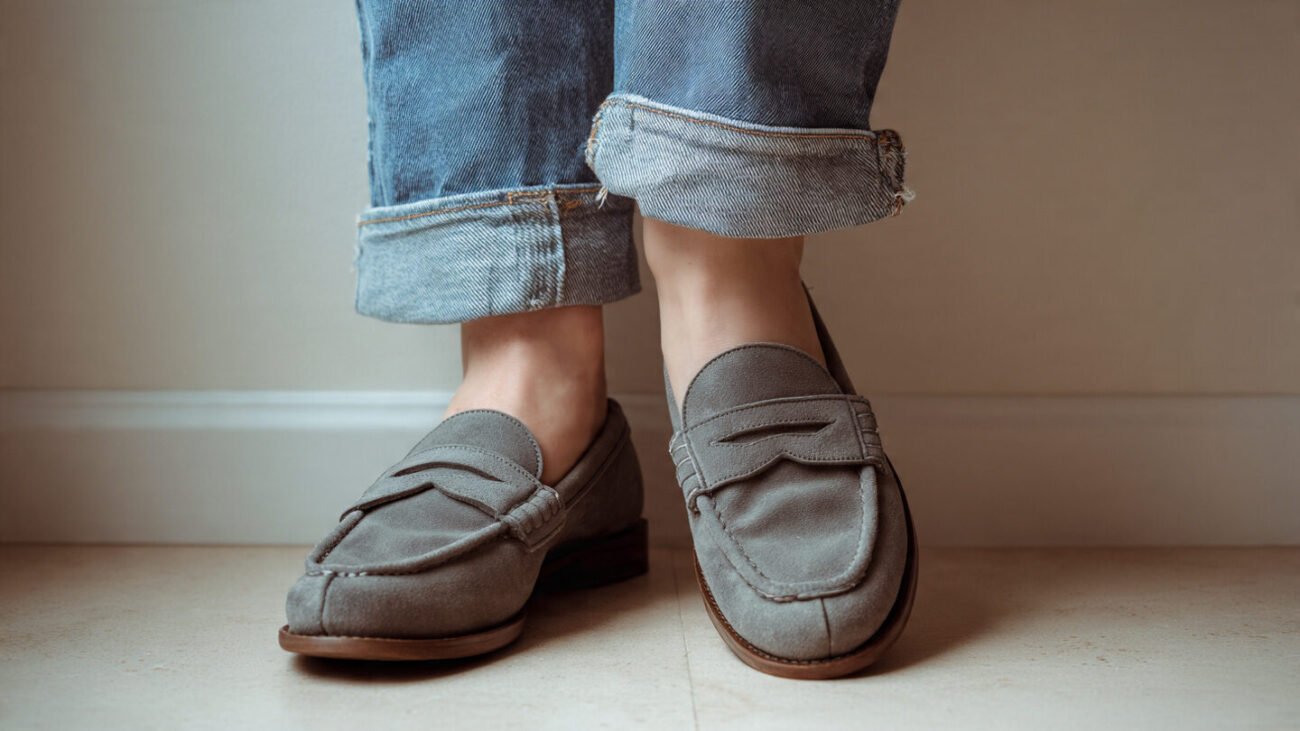 close up of loafers under rolled up jeans on
