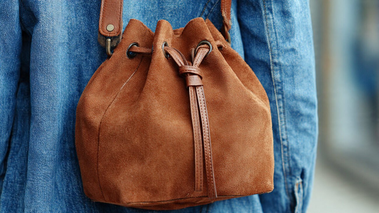 close up of suede brown bag with denim