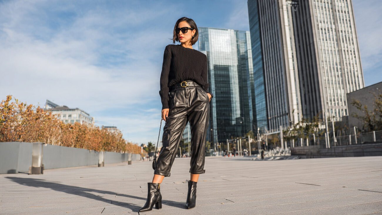 faux leather pants outfit with square toe boots