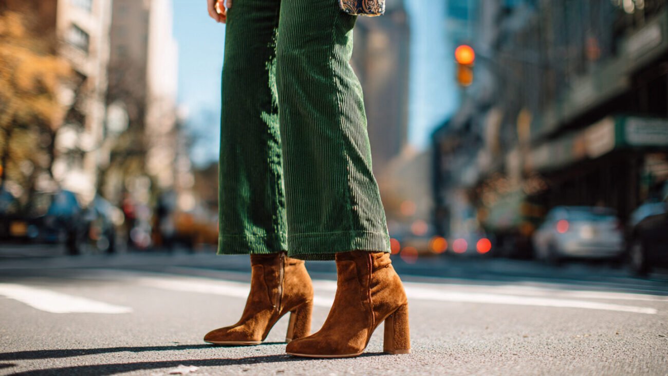 green corduroy pants with brown block heeled boots