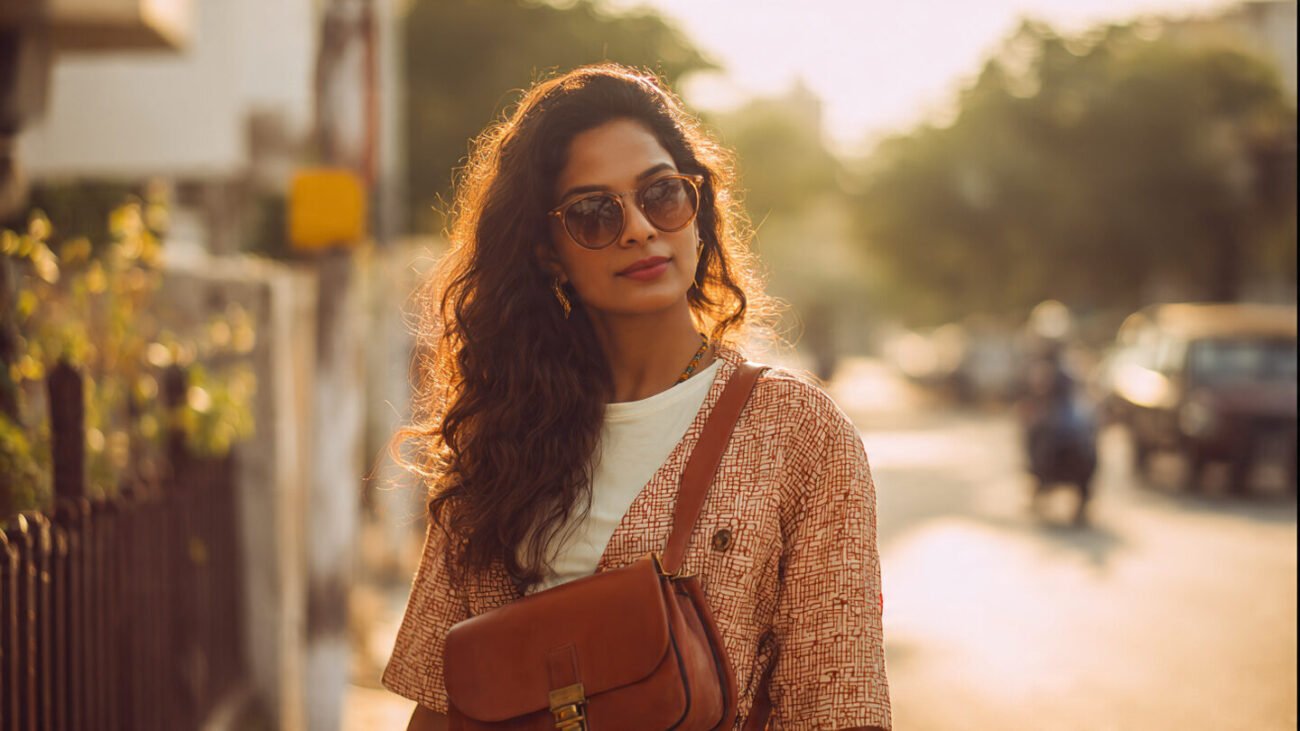 indian street style influencer carrying brown bag with