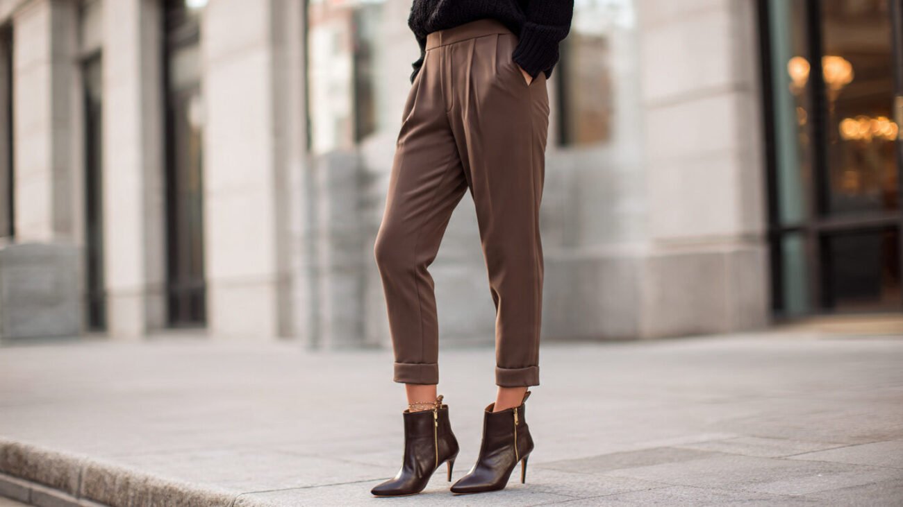 mocha brown trousers with ankle boots
