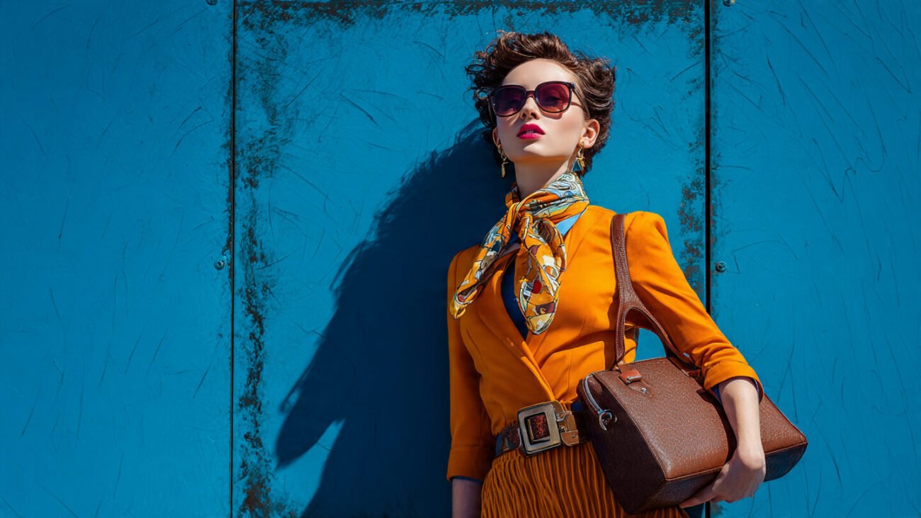 model styling bold colour outfit with brown 1