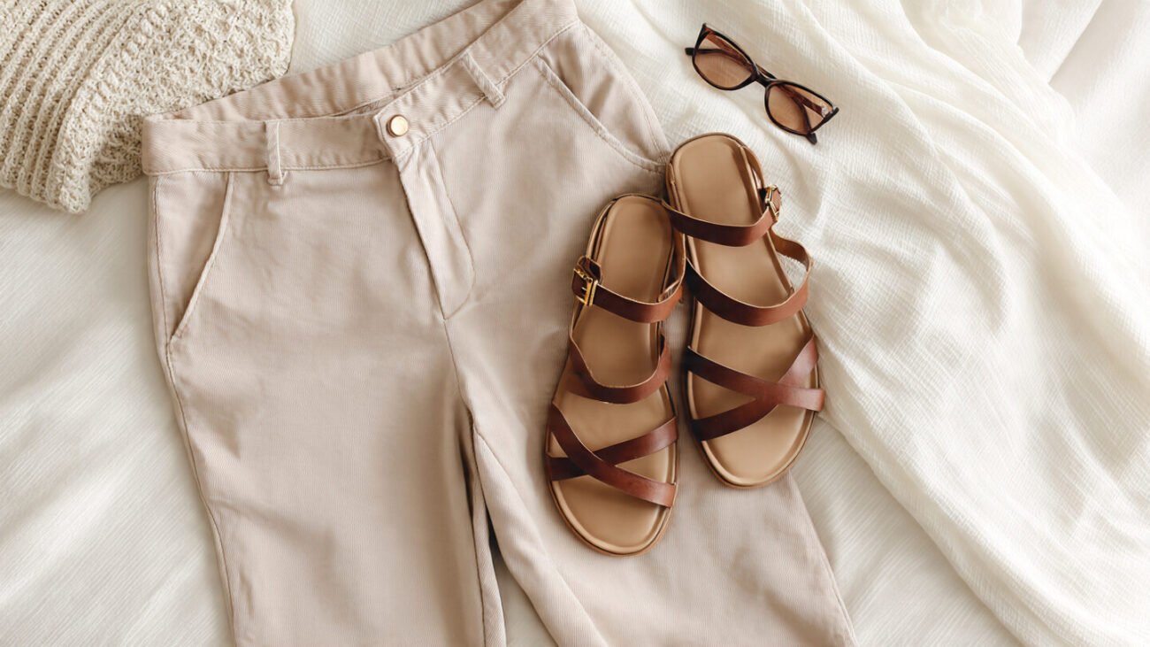 soft beige pants brown sandals flat