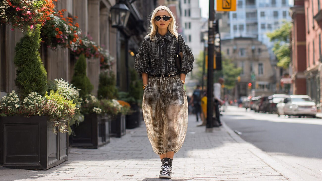 street style snap featuring sheer balloon pants
