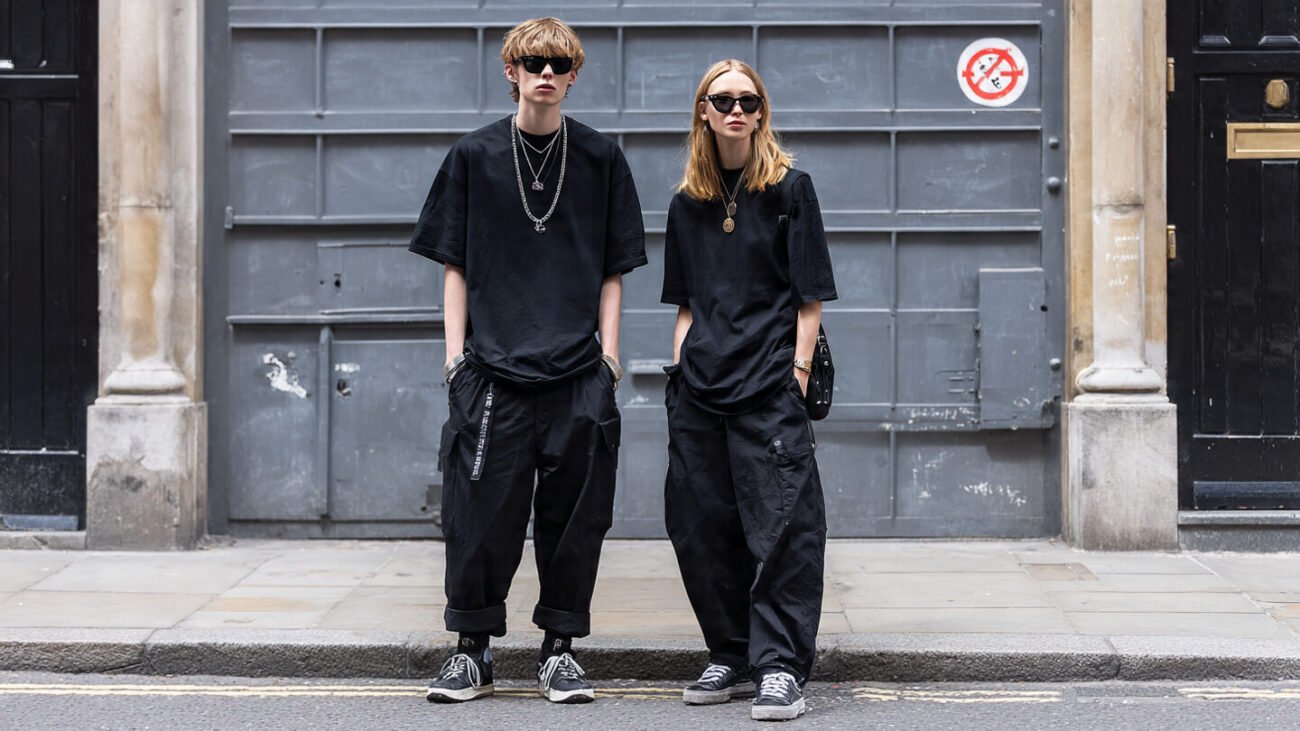 couple or 2 friends wearing black monochrome