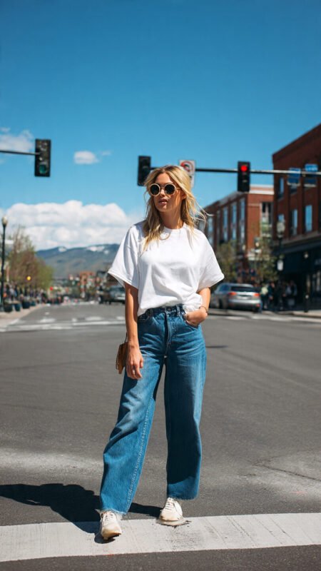 girl in white oversized tee blue