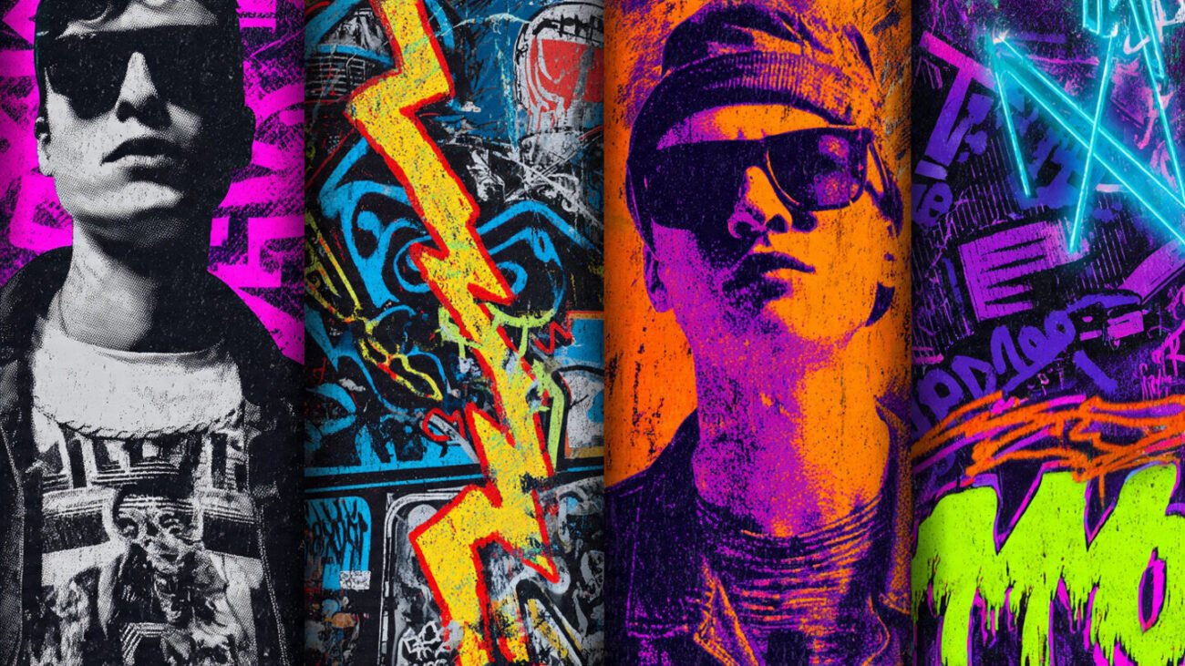 skateboard style prints with graffiti neon grunge